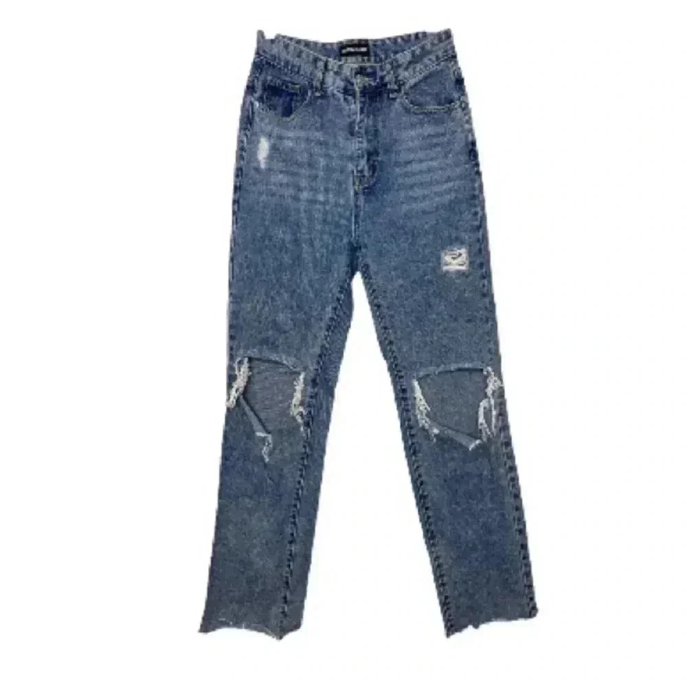 PRETTYLITTLETHING Distressed Blue Wash Ripped Mom Straight Jeans